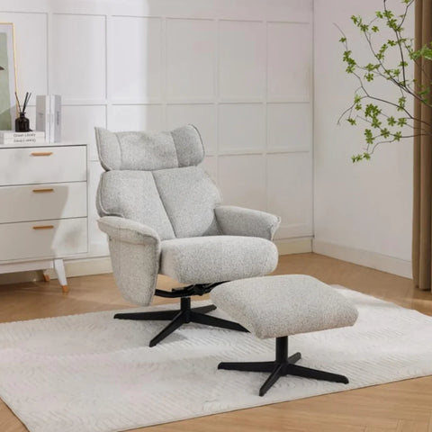 Pearl grey swivel leisure chair with footstool on rug, black base, modern living room