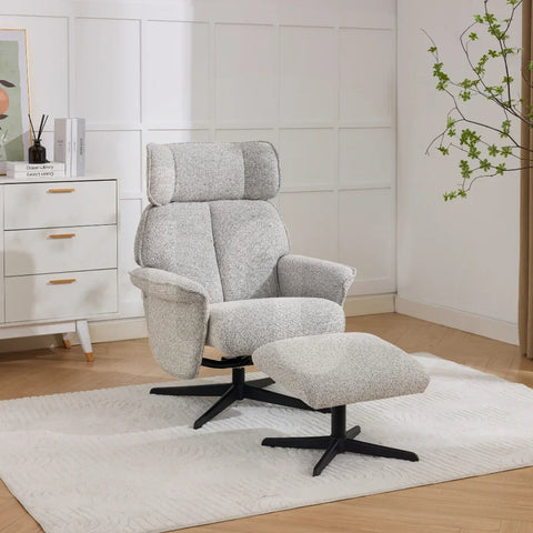 pearl grey swivel leisure chair with matching footstool on white rug in modern room