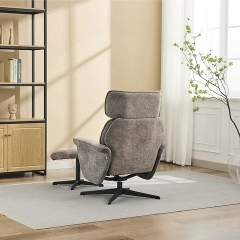 Stone leisure swivel chair with footstool and black base on grey rug in living room