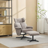 Stone fabric swivel leisure chair with matching footstool and black base in living room