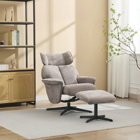 Stone fabric swivel leisure chair with matching footstool and black base in living room