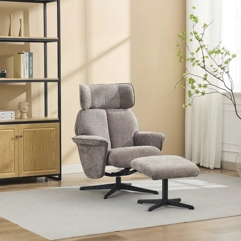Grey swivel leisure chair with matching footstool on black metal base in living room