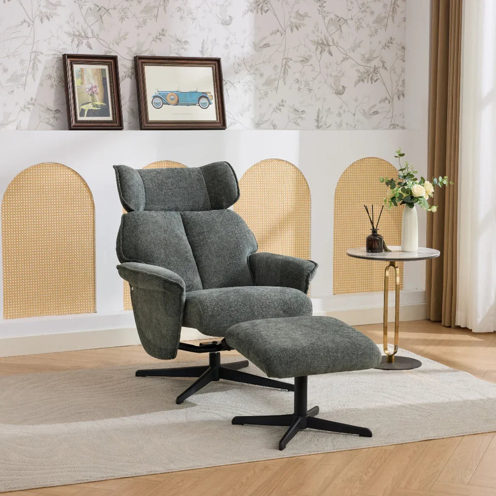 Winter moss swivel leisure chair with matching footstool and black base on rug
