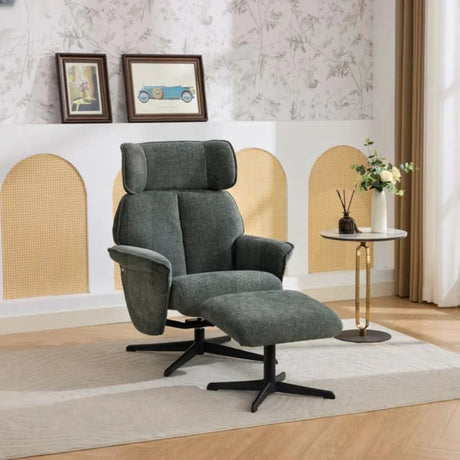 Winter moss swivel leisure chair with matching footstool and black base in living room