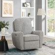 Grey fabric swivel chair with padded armrests in modern living room setting
