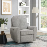 Grey fabric swivel chair with padded armrests in modern living room setting