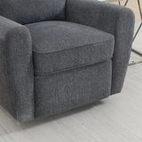 Dark grey swivel chair with textured fabric and wide armrests on light rug