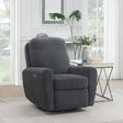 Dark grey swivel chair with padded armrests in modern living room setting