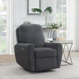 Dark grey swivel chair with padded armrests in modern living room setting