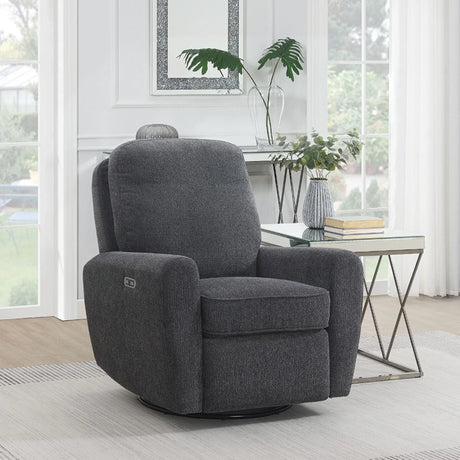 Dark grey swivel chair with padded armrests in modern living room setting