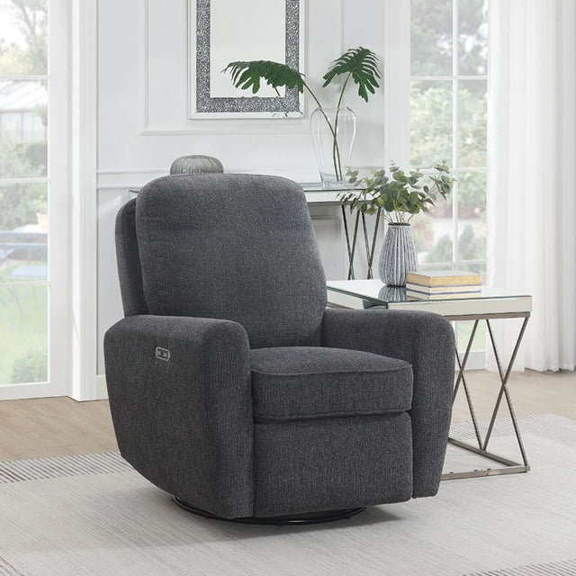 Dark grey swivel chair with padded armrests in modern living room setting