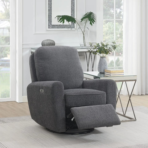 Dark grey swivel chair with footrest extended in modern living room setting