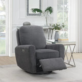 Dark grey swivel chair with footrest extended in modern living room setting