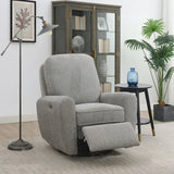 Grey fabric swivel chair with footrest in modern living room setting