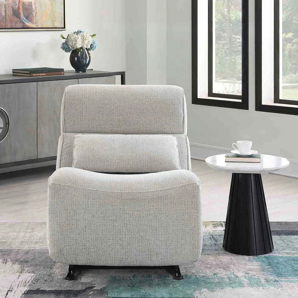 Linen manual recliner rocker chair in light grey, front view, next to a round side table