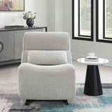 Linen manual recliner rocker chair in light grey, front view, next to a round side table