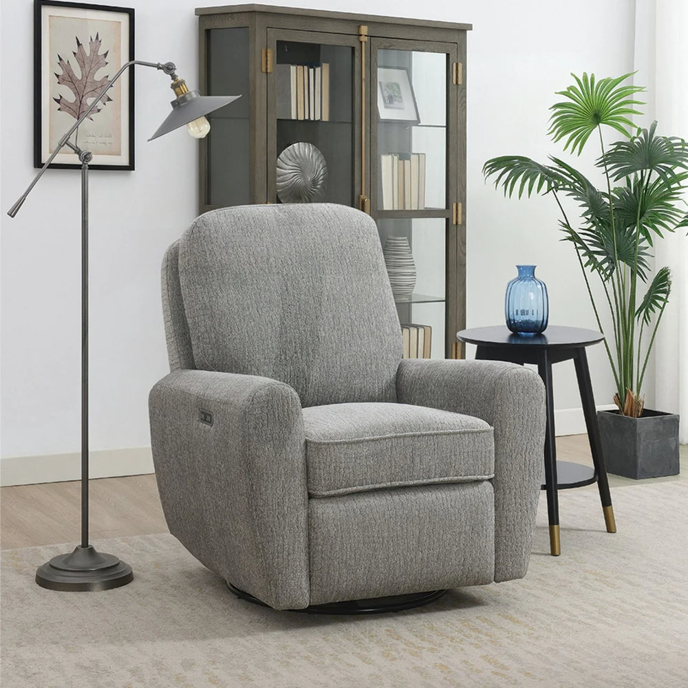 Grey swivel accent chair with plush upholstery in a modern living room setting