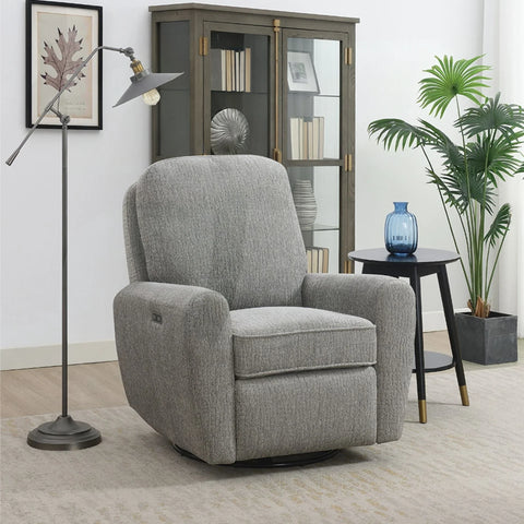 Grey swivel accent chair with plush upholstery in a modern living room setting