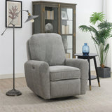 Grey swivel accent chair with plush upholstery in a modern living room setting