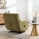Olive manual recliner rocker chair viewed from the back in a modern living room setting