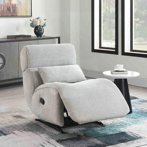 Linen manual recliner rocker chair in light grey set in a modern living room