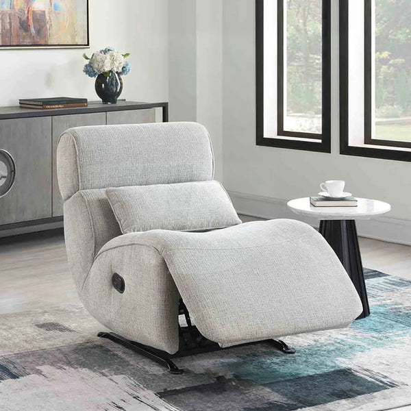 Linen manual recliner rocker chair in light grey set in a modern living room