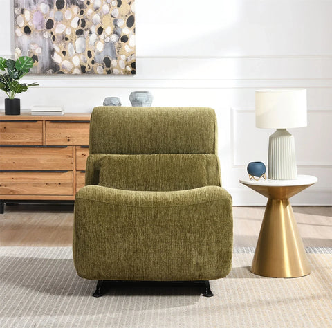 Olive manual recliner rocker chair in living room, front view with gold side table and lamp