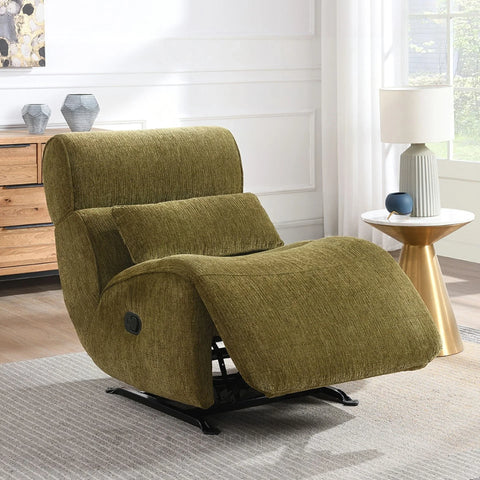 Olive manual recliner rocker chair with textured fabric in a modern living room setting