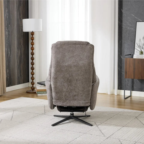 Stone fabric swivel chair with metal base, shown from back in modern living room