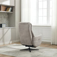 Oyster fabric swivel chair with black metal base on a rug in modern living room