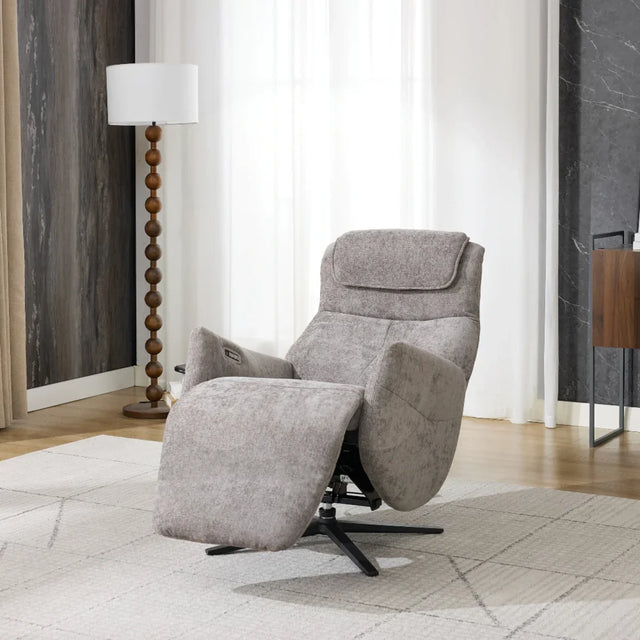 Stone fabric swivel chair with recliner footrest in modern living room setting