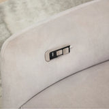 Close up of oyster swivel chair showing USB port and control buttons on fabric armrest