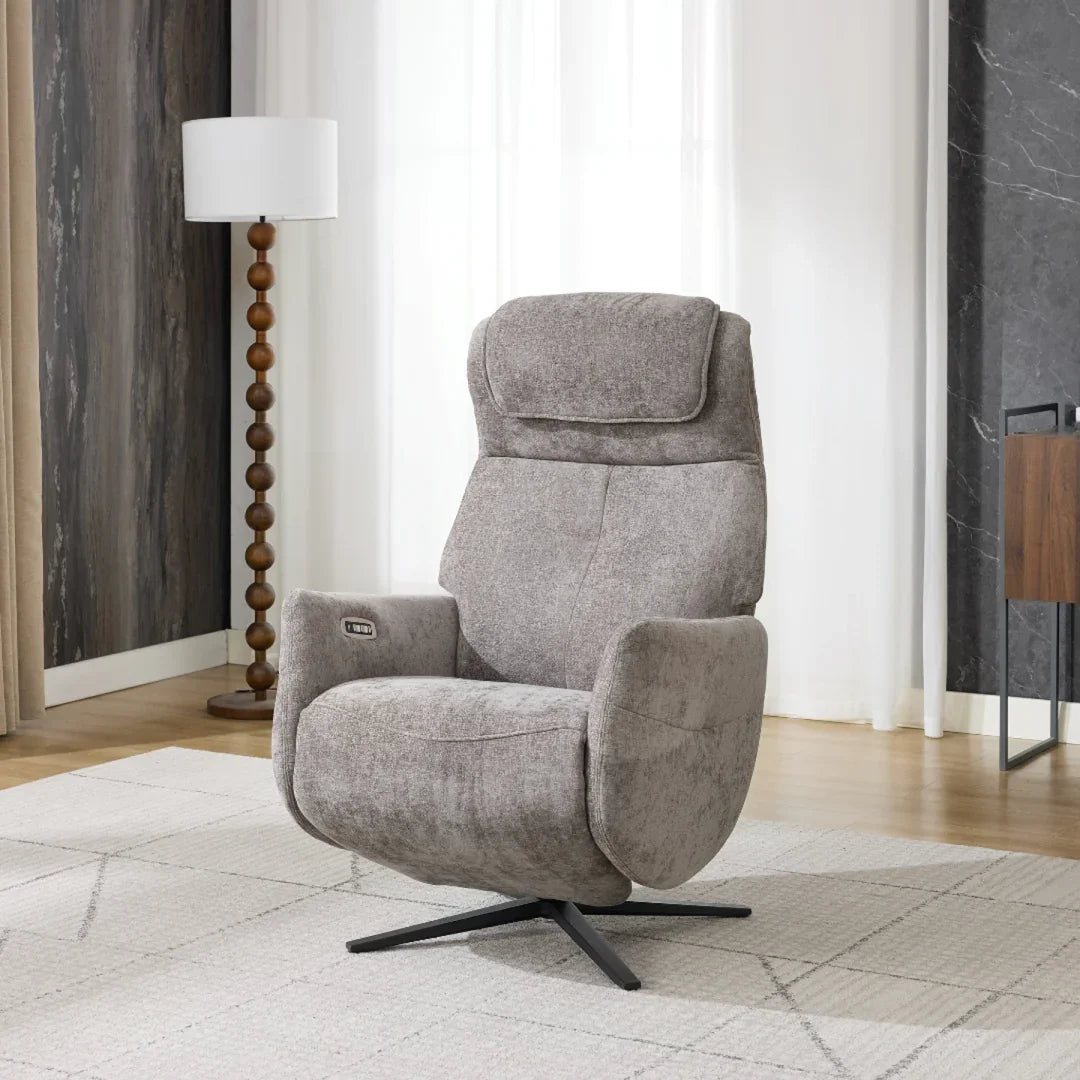 Liberty Stone swivel chair with high backrest on grey rug in modern living room
