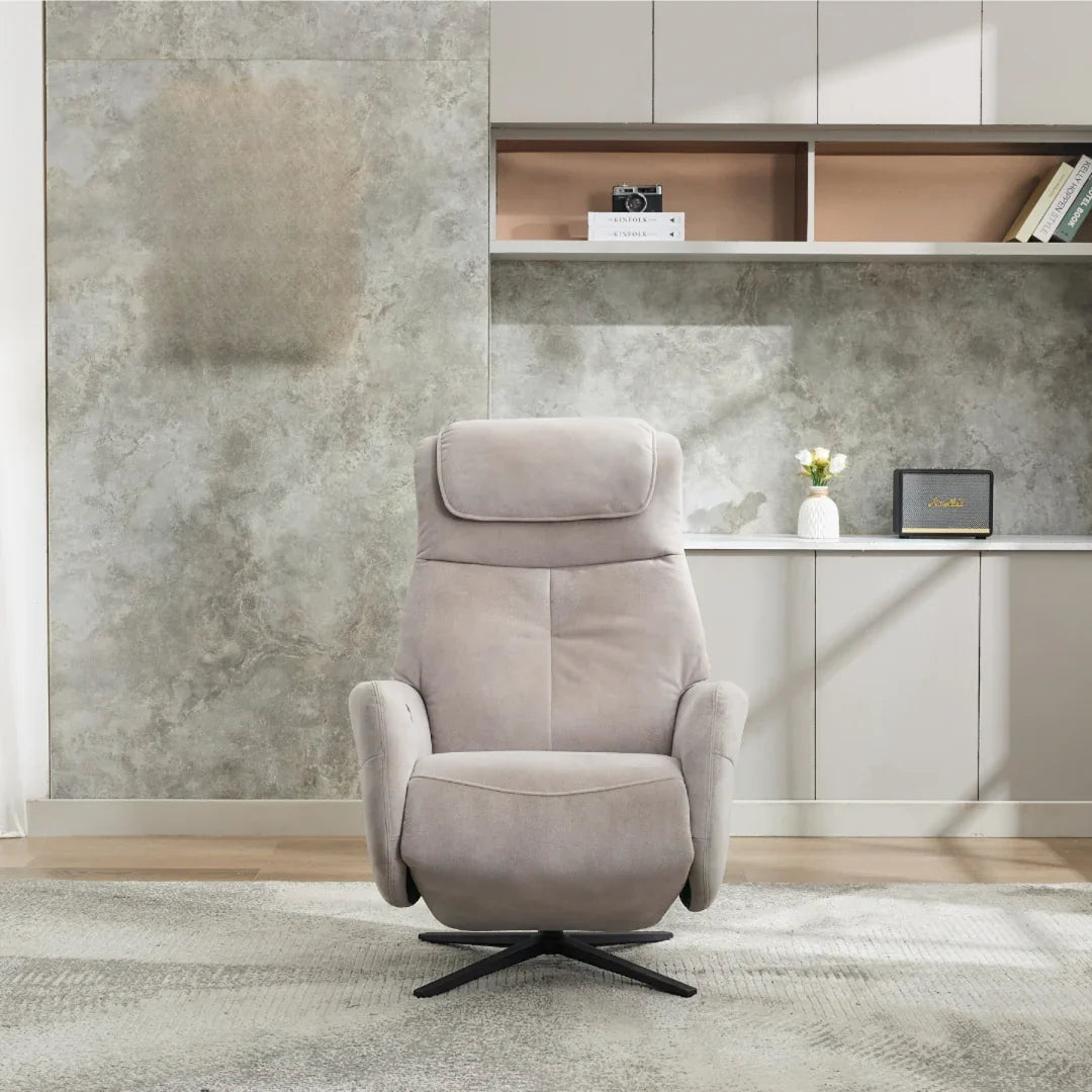 Oyster fabric swivel chair with high backrest and armrests in modern living room