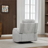 Light grey fabric armchair rear view on beige rug in modern living room