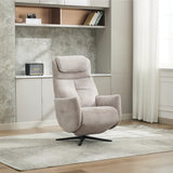 Oyster swivel chair with padded seat and headrest on a patterned rug in modern living room