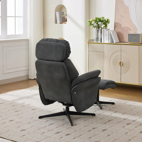 Dark grey swivel leisure chair with matching footstool and black base in modern living room