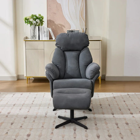 Dark grey swivel leisure chair with matching footstool on patterned rug