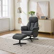 Dark grey swivel leisure chair with matching footstool on black base in modern living room
