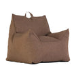 brown fabric bean chair with handle, supportive backrest and armrests, front side angle