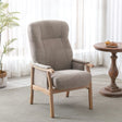 Oatmeal upholstered armchair with wooden frame in bright living room setting