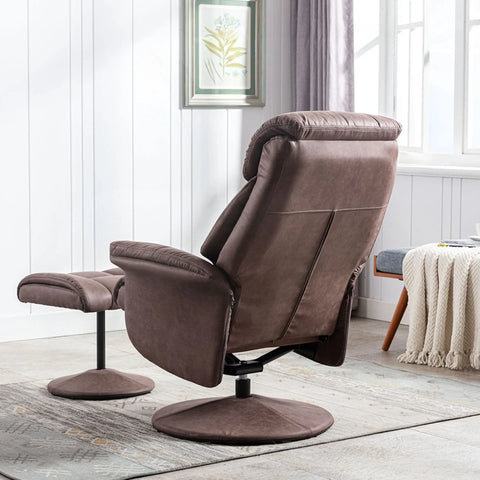 Chestnut leather swivel chair with matching footstool in a bright living room corner