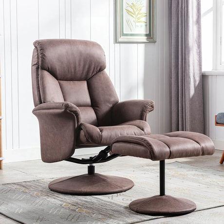 Chestnut recliner chair with matching footstool set on round base in living room
