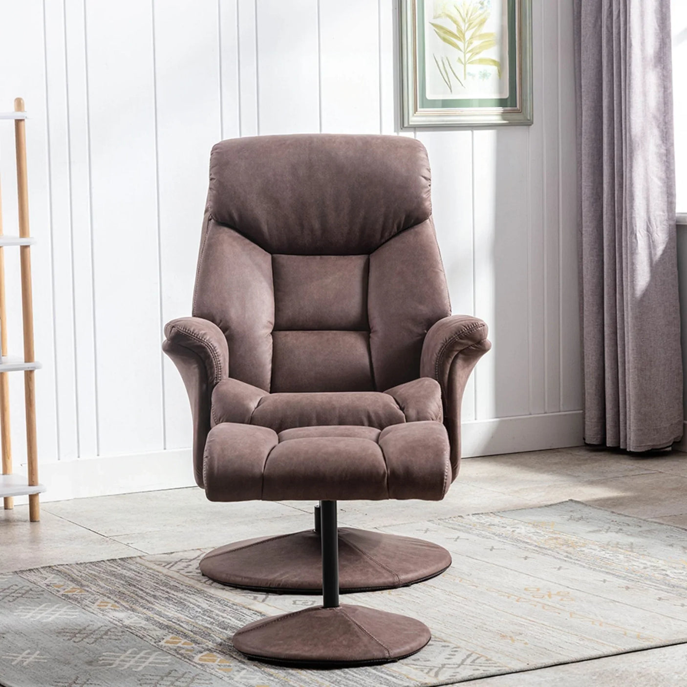 Chestnut swivel lounge chair with padded upholstery and metal base in bright living room