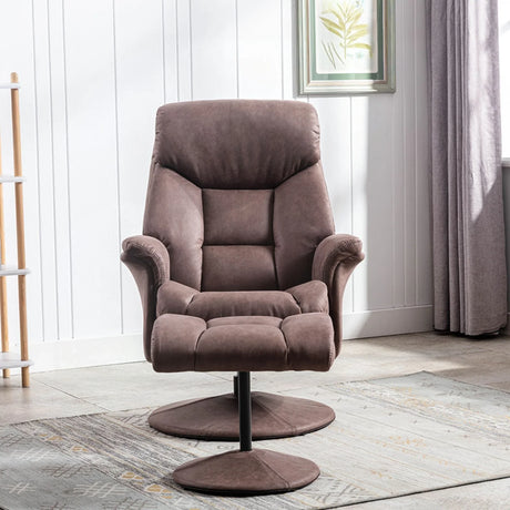 Chestnut swivel lounge chair with padded upholstery and metal base in bright living room