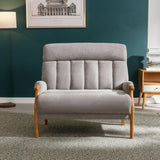 Blaze Fireside loveseat in silver fabric with wooden arms on patterned rug in living room