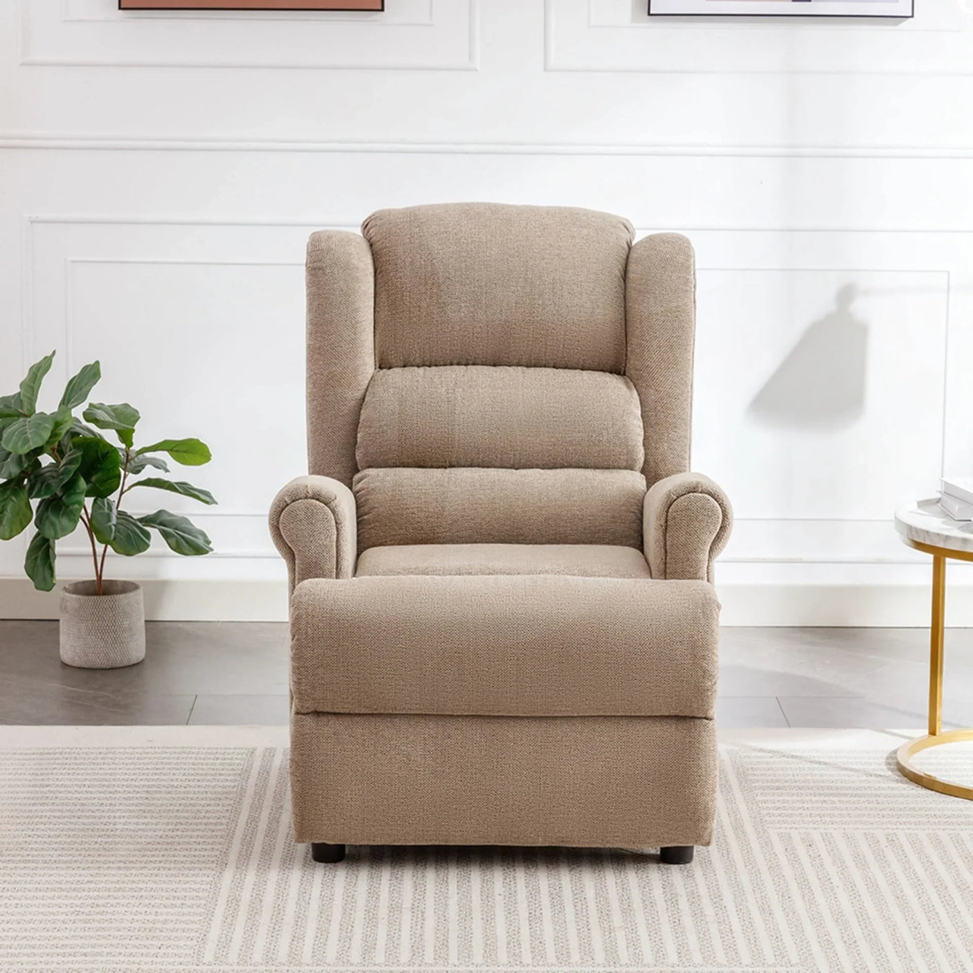 Ember fireside chair in oatmeal fabric with wingback and rolled arms on neutral rug