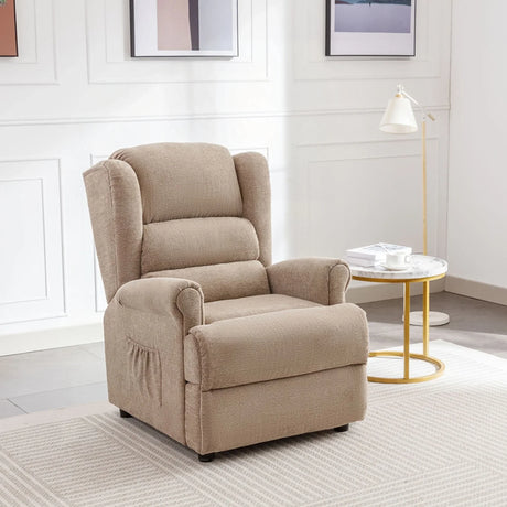 Oatmeal fabric fireside chair with padded backrest in bright living room