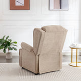 Oatmeal fireside chair with fabric upholstery shown from the back in a modern living room
