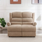 Oatmeal fireside loveseat sofa with padded back and rolled arms in modern living room